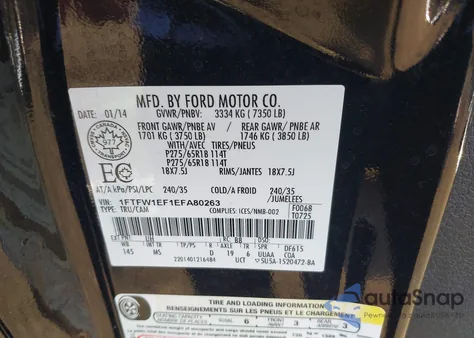 2014 Ford F-150 Xlt from USA, damaged, VIN 1FTFW1EF1EFA80263